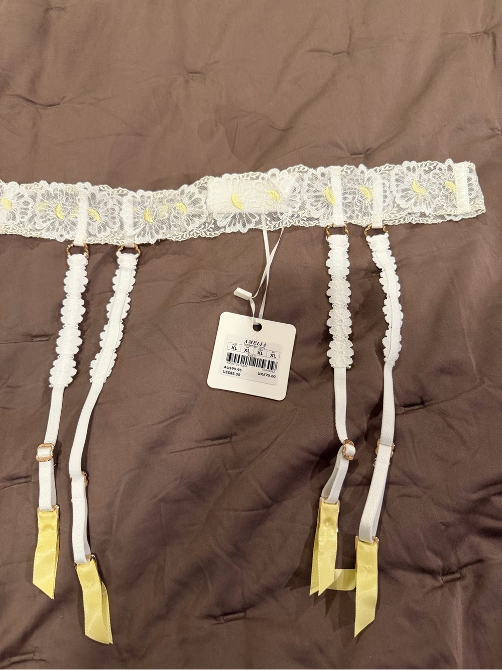 Honey Birdette Amelia Garter Belt white lace with Yellow Accents size XL